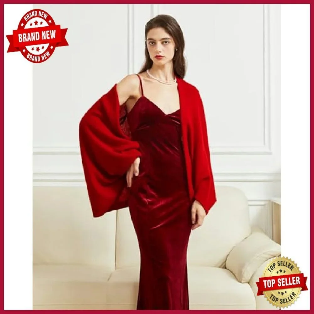 Open Front Cashmere Shawl Wrap with Sleeves Knitted Poncho Cape